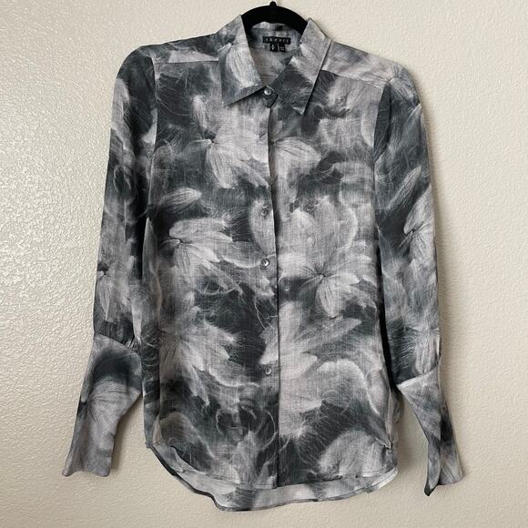 Theory Top Womens Small White Black 100% Silk Floral Quiet Luxury Artsy Preppy - Picture 3 of 11